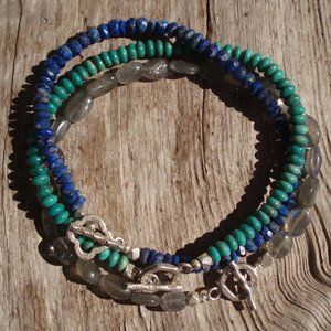 Set of 3 handmade bracelets lapis lazuli, turquoise, labradorite, real silver